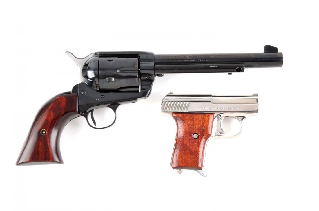(M) Lot of 2: Revolver and Semi-Auto Pistol.: Manufacturer: Hy Hunter Inc, American Firearms Model: Western Six - Shooter, Pocket Auto Serial No. 4/1314 & 16884 Caliber: .44mag, .25 Barrel Length: 6 - 1/2”, 2” FFL Status: Modern Gun A) Hy Hun