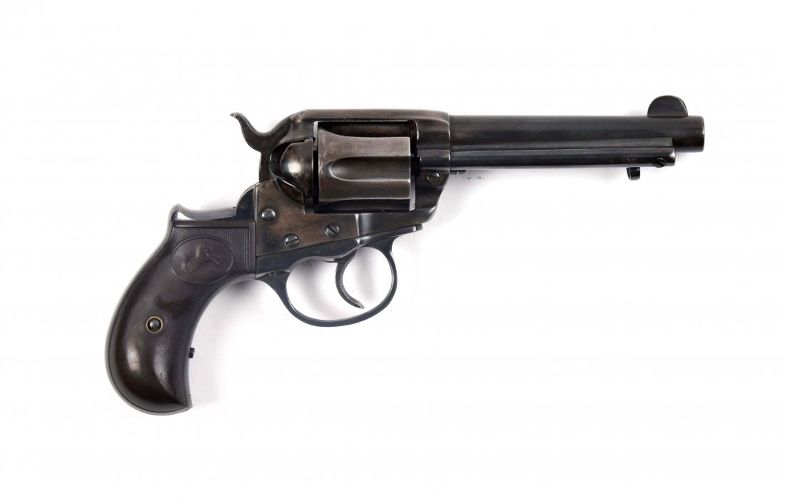 (C) Colt Model 1877 Lightning Revolver.: Manufacturer: Colt Model: 1877 Lightning Serial No. 130576 Caliber: .380 Barrel Length: 4 - 1/2” FFL Status: Curio & Relic Manufactured in 1902. Blued round steel barrel marked on top with two line 