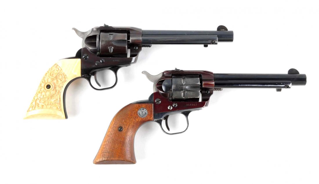 (M) Two Ruger Single-Six Revolvers.: Manufacturer: Ruger Model: Single-Six Serial No. 6946 & 384867 Caliber: Gun A&B) .22 Barrel Length: Gun A&B) 5-1/2” FFL Status: Modern Comprising: Gun A) Ruger Single-Six revolver with barred ivory 
