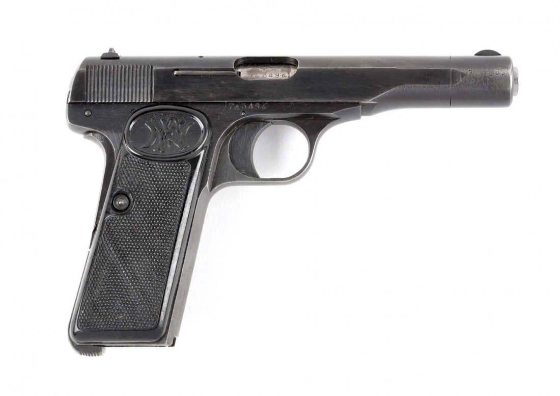 (C) FN Browning Model 1910/22 Nazi Marked Semi-Auto: Manufacturer: Browning FN Model: 1910/22 Serial No. 74349 Caliber: .320 Barrel Length: 4 - 3/8” FFL Status: Curio & Relic Blued finish, polished barrel, black-checkered plastic grips with FN logo. S