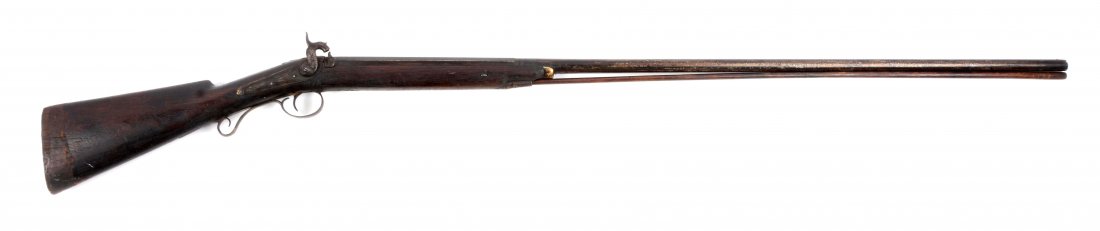 (A) English Half Stock Percussion Fowler.: Caliber: .570 Barrel Length: 41-3/8” FFL Status: Antique Two-stage smoothbore barrel with missing inlay that contained maker’s mark and two brass bands at breech. Back-action lockplate marked “H