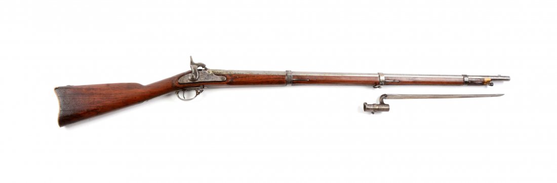 Springfield Model 1863 Rifle.: Manufacturer: Springfield Model: 1863 Caliber: .580 Barrel Length: 40” FFL Status: Antique Round, rifles barrel, stamped “V/P” over an eagle’s head on left side, near breech. Flat beveled perc