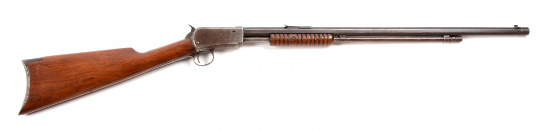 (C) Winchester Model 1890 Slide Action Rifle.: Manufacturer: Winchester Model: 1890 Serial No. 586280 Caliber: .220 Barrel Length: 24” FFL Status: Curio & Relic Manufactured 1917. Features full octagon barrel, 2/3 tubular magazine, Winchester sp