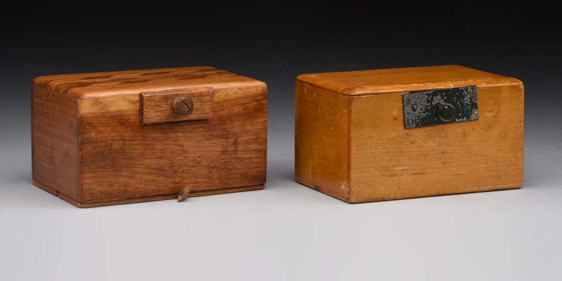 Lot Of 2 : Wooden Banks.: Partial labels. (JY). (Good - Very Good). Largest : 4 -1/4" L.