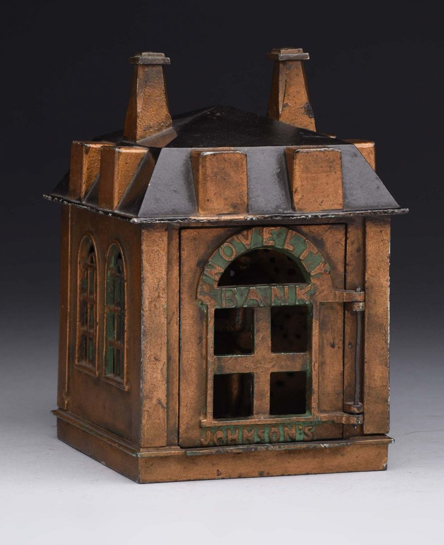 John Hall Novelty "Johnson's" C.I. Mechanical Bank: Patent. Was sold to J. & E. Stevens Co. who then created the novelty mechanical bank from this design. Book example "Mechanical Banks", Dan Morphy Pg. #191. (JY). (Excellent). 8" T.