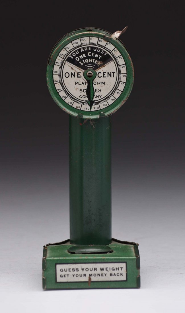 Tin Guess Your Weight Bank.: (Excellent). 5 -1/4" T.