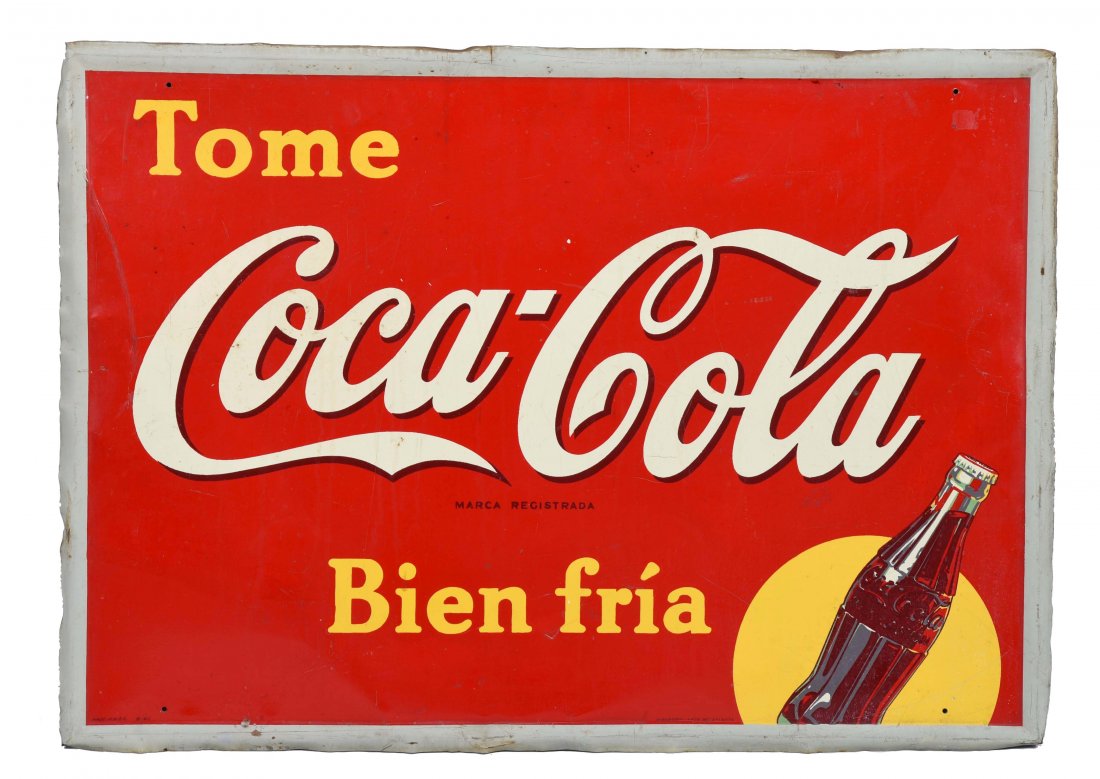 Coca-Cola Self Framed Spanish Tin Advertising Sign. (1 of 1)