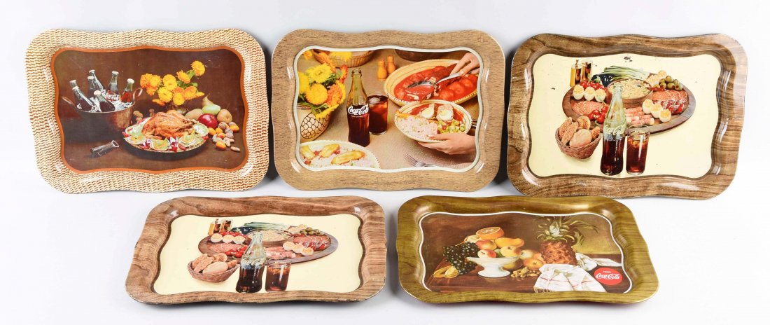 Lot Of 5: 1960's Coca-Cola Tin Dinner Trays.: Each tray has a different image of Coca-Cola with a different type of food. All of the trays were made for the Mexican market. There are some minor scrapes with some paint loss to a couple of the tray