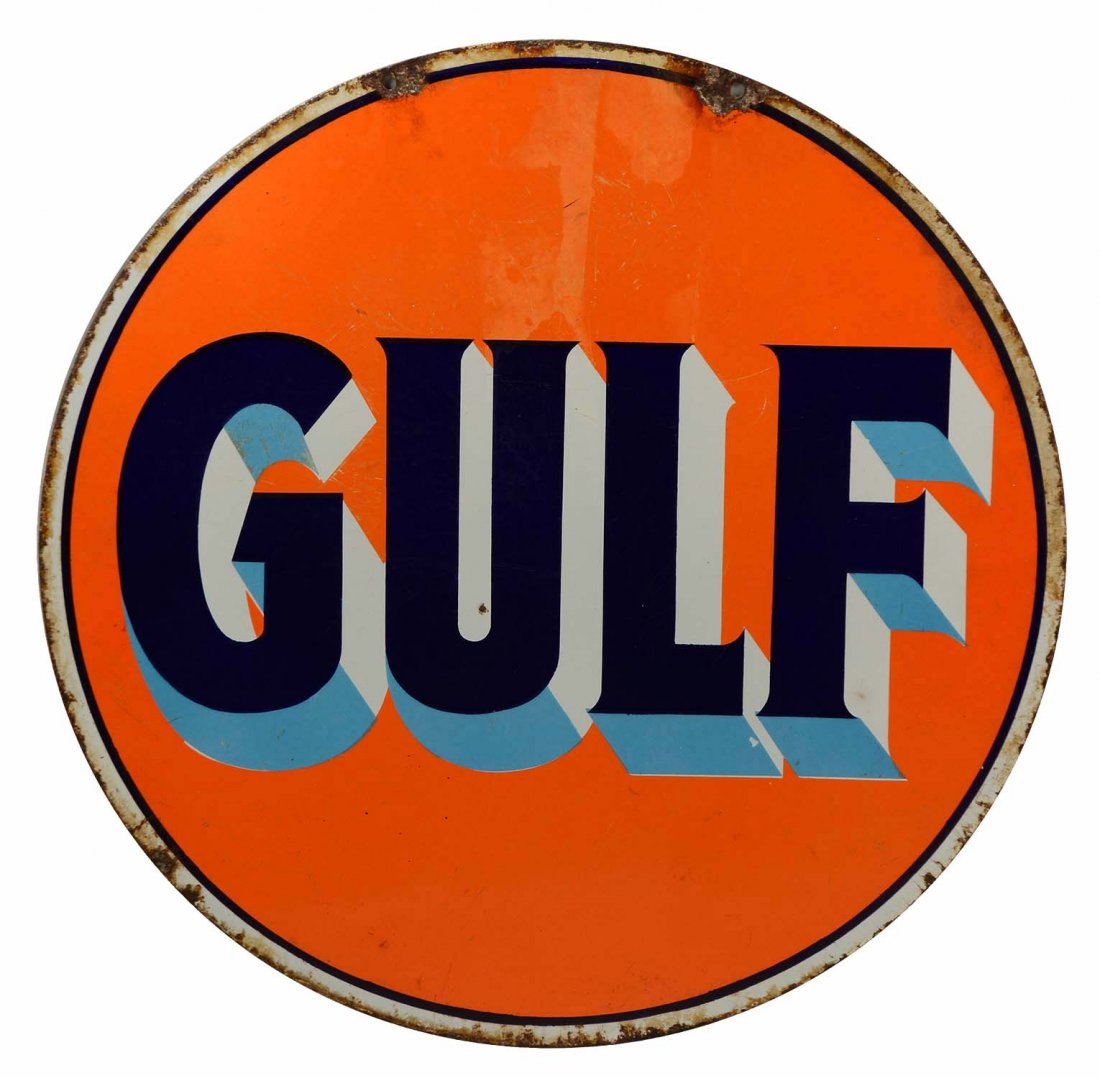 Gulf w/ Blue Shaded Letters Porcelain Sign. (1 of 2)