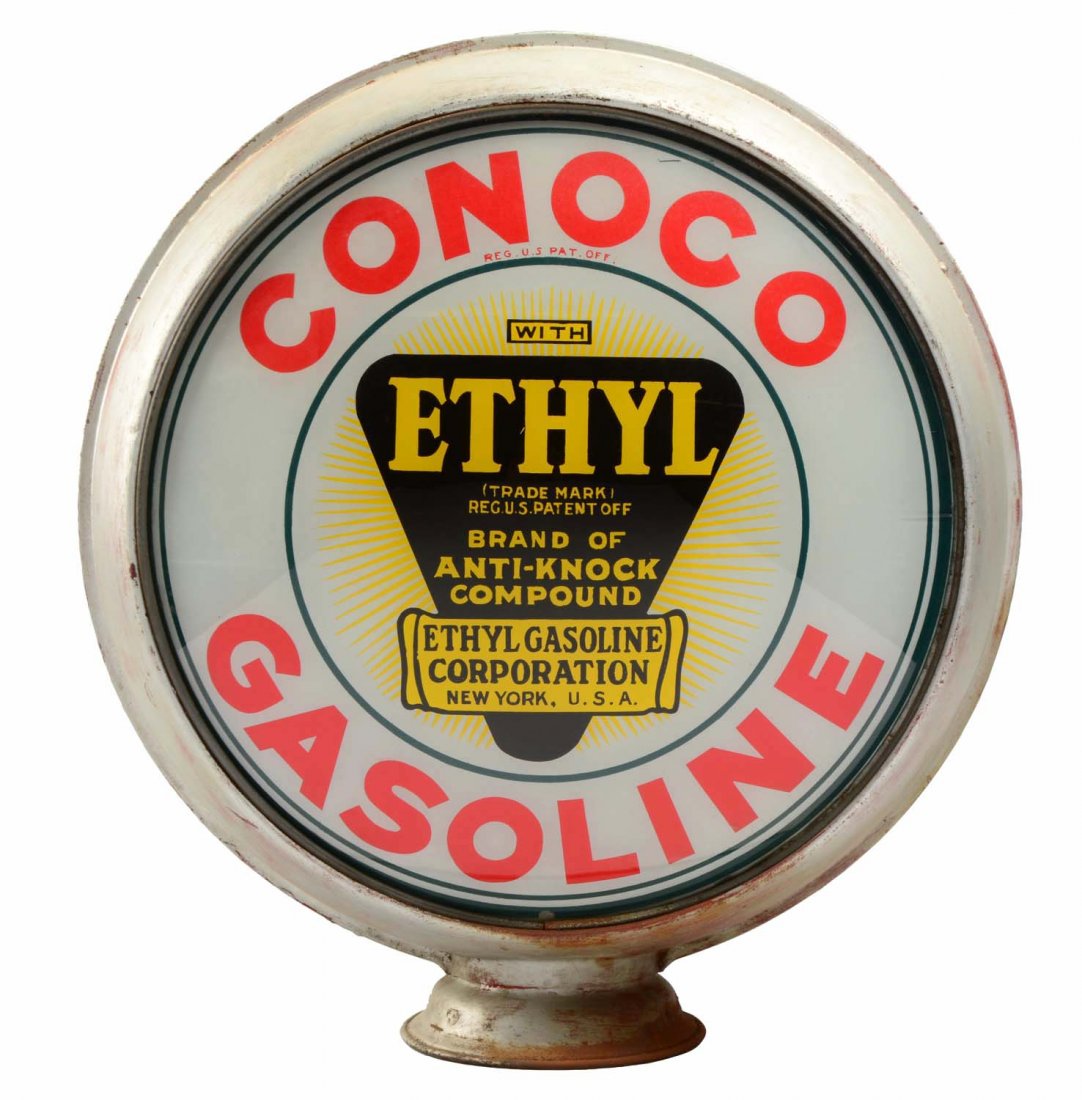 Conoco Gas w/ Ethyl Logo 15" Globe Lenses.: In a HP wide body metal globe. Lenses are in very good condition. Body is in old paint. (9+). 15" Dia.