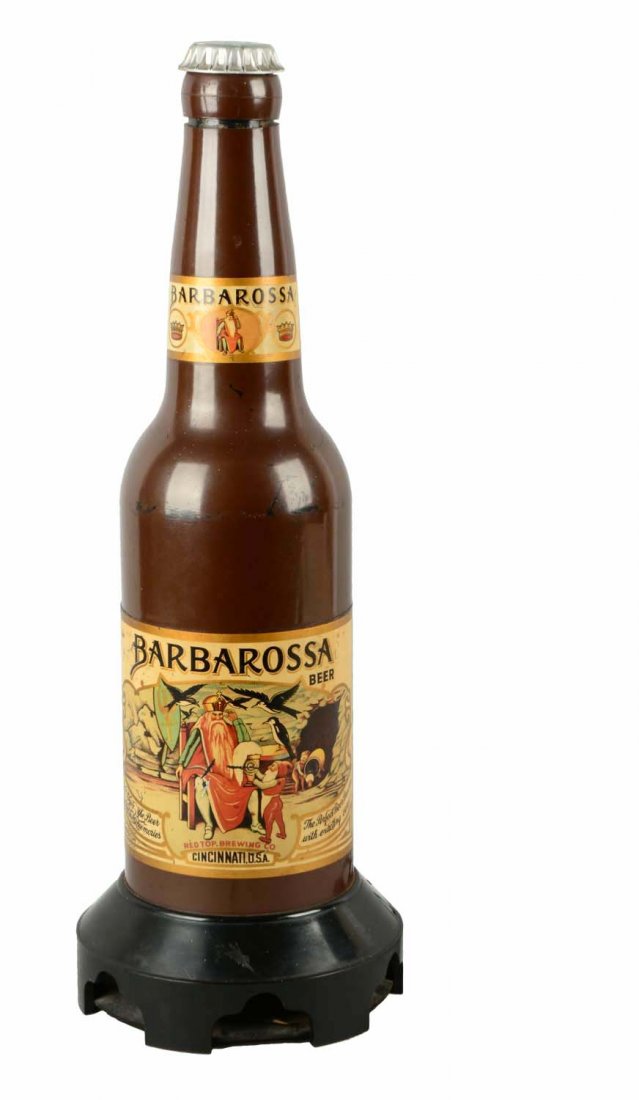 Barbarossa Beer Figural Radio Advertising Display.: Radio does work when plugged in. The top cap, when rotated, changes the stations. The cap is broken off and will need to be repaired. The decals on the bottle are in very good condition with a few are