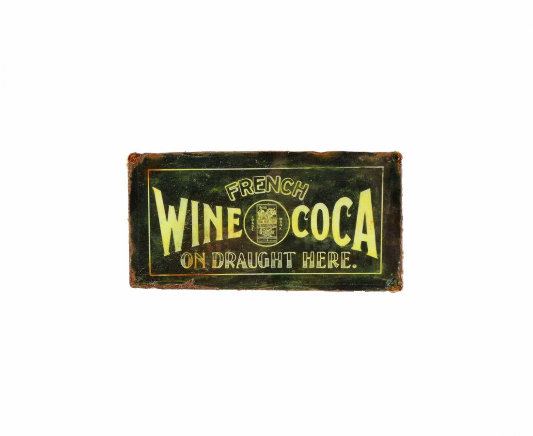 Pemberton French Wine Coca Tin Advertising Sign.: This is an extremely scarce advertising sign dating back to the 1880's. The person who developed the Wine Coca also developed Coca-Cola. This sign is framed behind glass. It does have moderate wear to