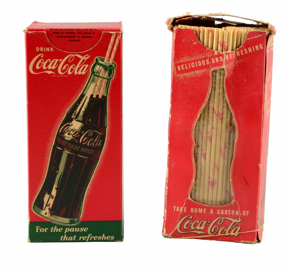 Lot Of 2: Cola-Cola Boxed Straws.: One of the boxes have never been opened and is complete with strong colors and minor wear. The other box has some tears, a missing section but still does appears to be complete. (Good - Excellent). Ea