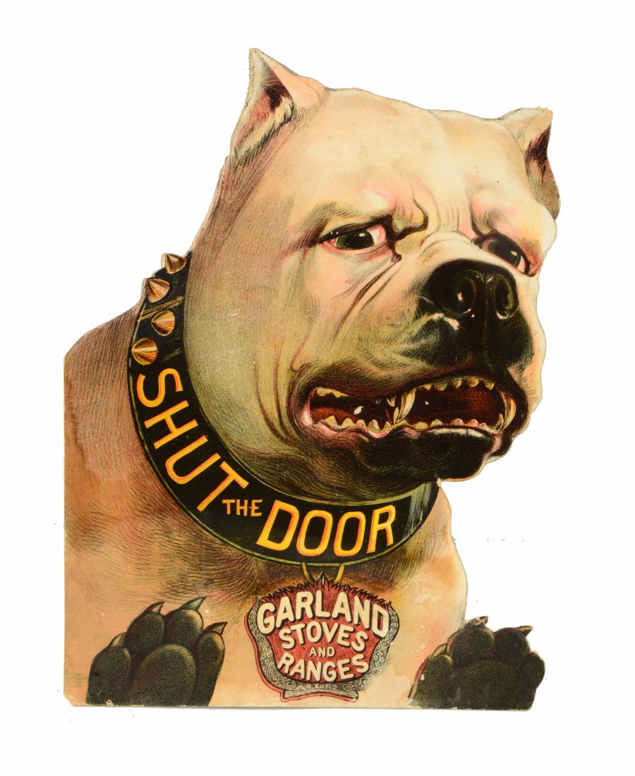 Garland Stoves Diecut Cardboard Advertising Sign.: This is a very nice sign from Garland Stoves. It appears to have been stuck in a scrapbook at one point. There is some paper loss and residue one the back side. The front side has a little bit of pape