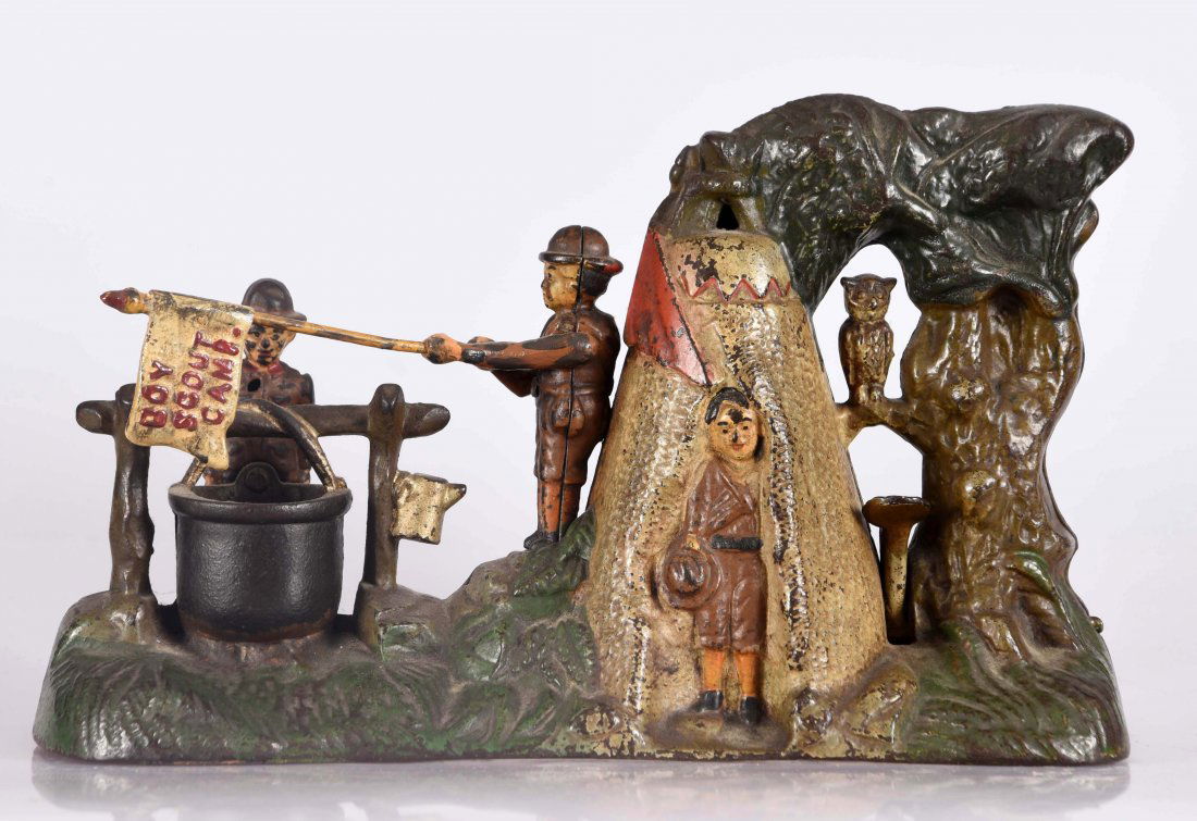 J. & E. Stevens Boy Scout Cast Iron Mechanical Bank. (1 of 3)