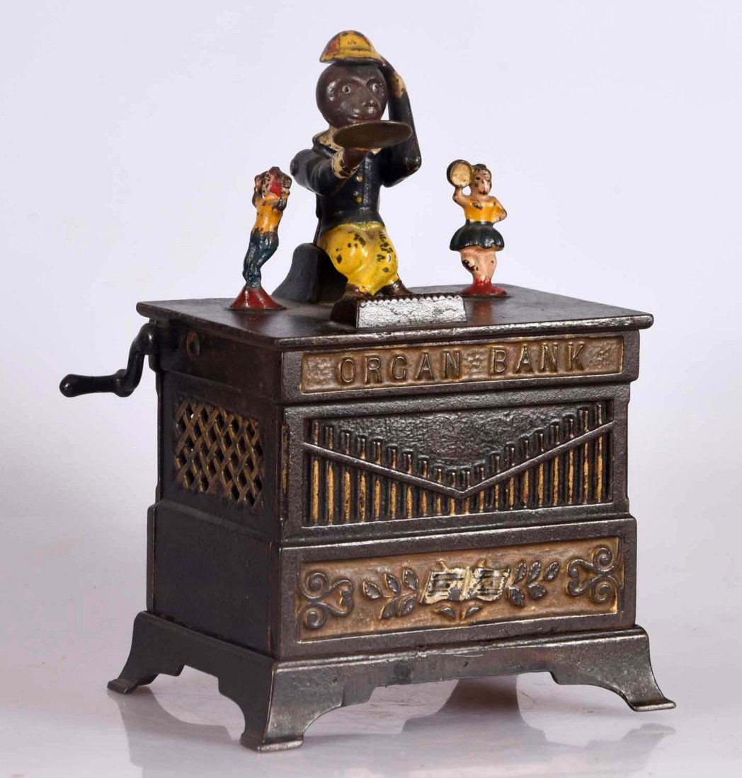 Kyser & Red Organ Bank "Box & Girl" Cast Iron Mech. (1 of 2)