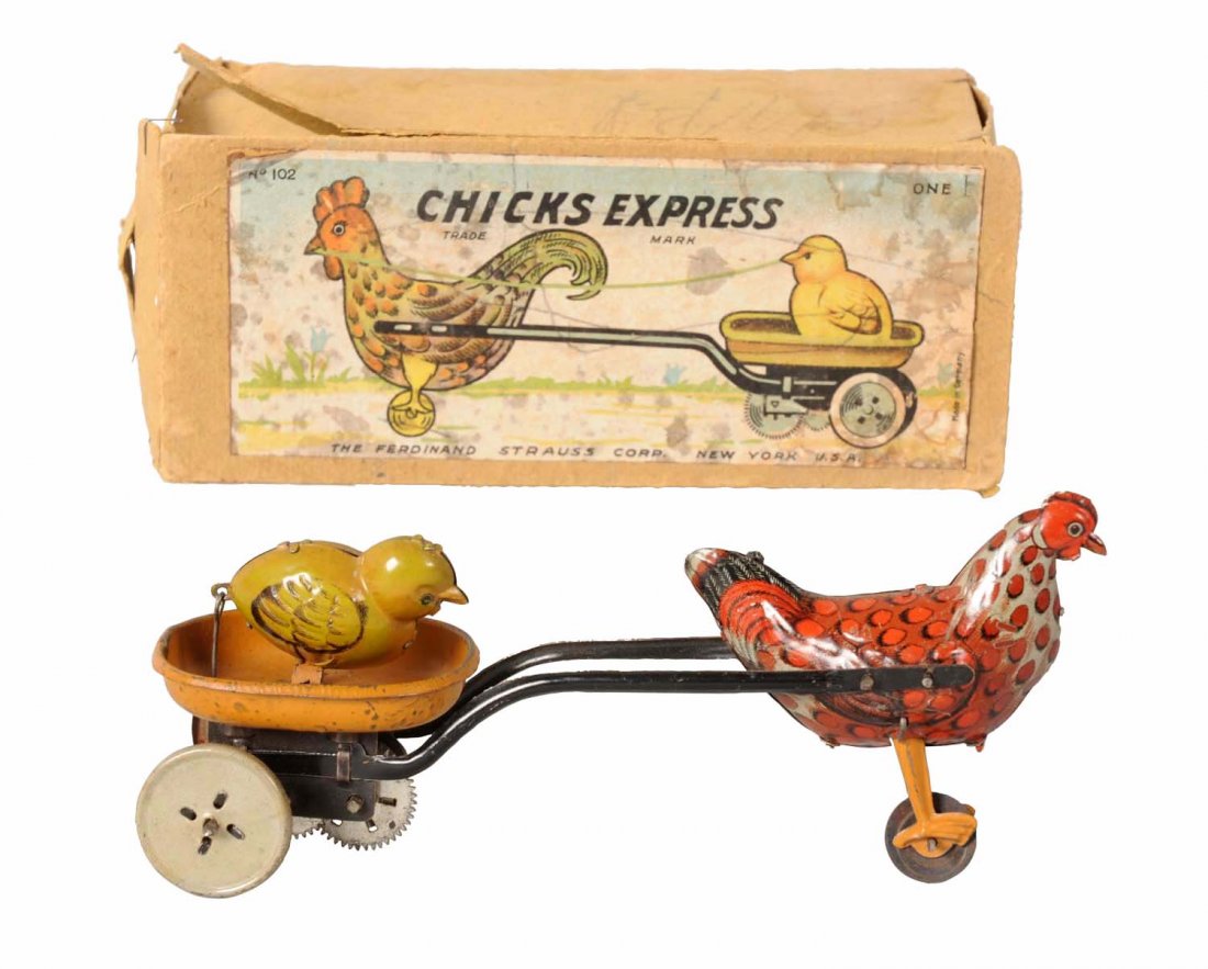 Strauss Tin Litho Wind-Up Chicks Express Toy. (1 of 2)