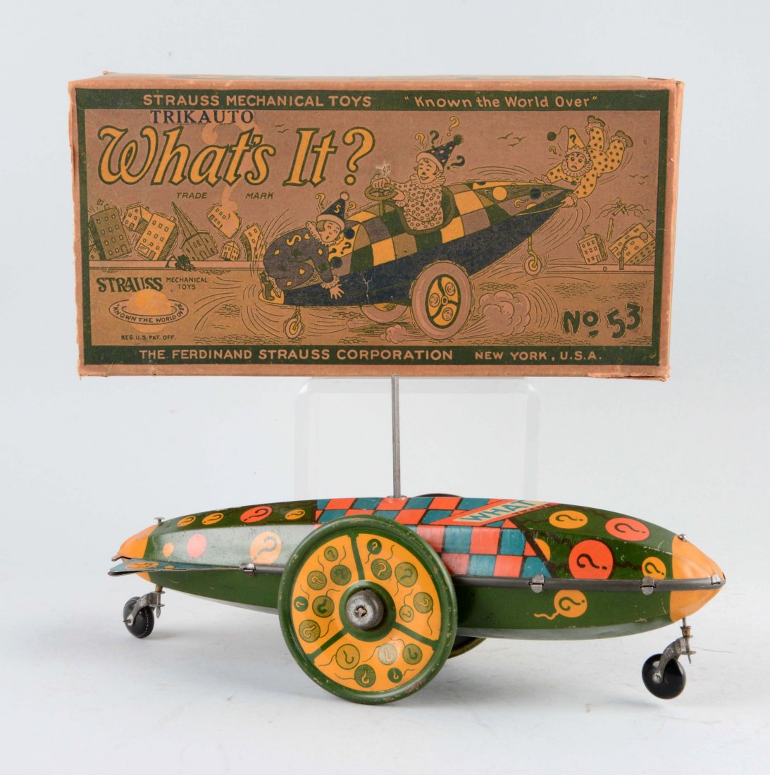 Scarce Strauss Tin Litho Wind-Up Wat's It? Car. (1 of 2)