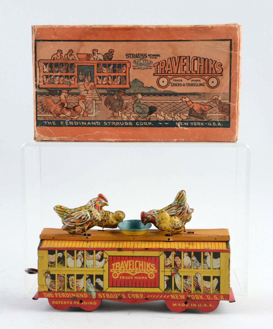 Strauss Tin Litho Wind Up Travelchiks Toy. (1 of 2)