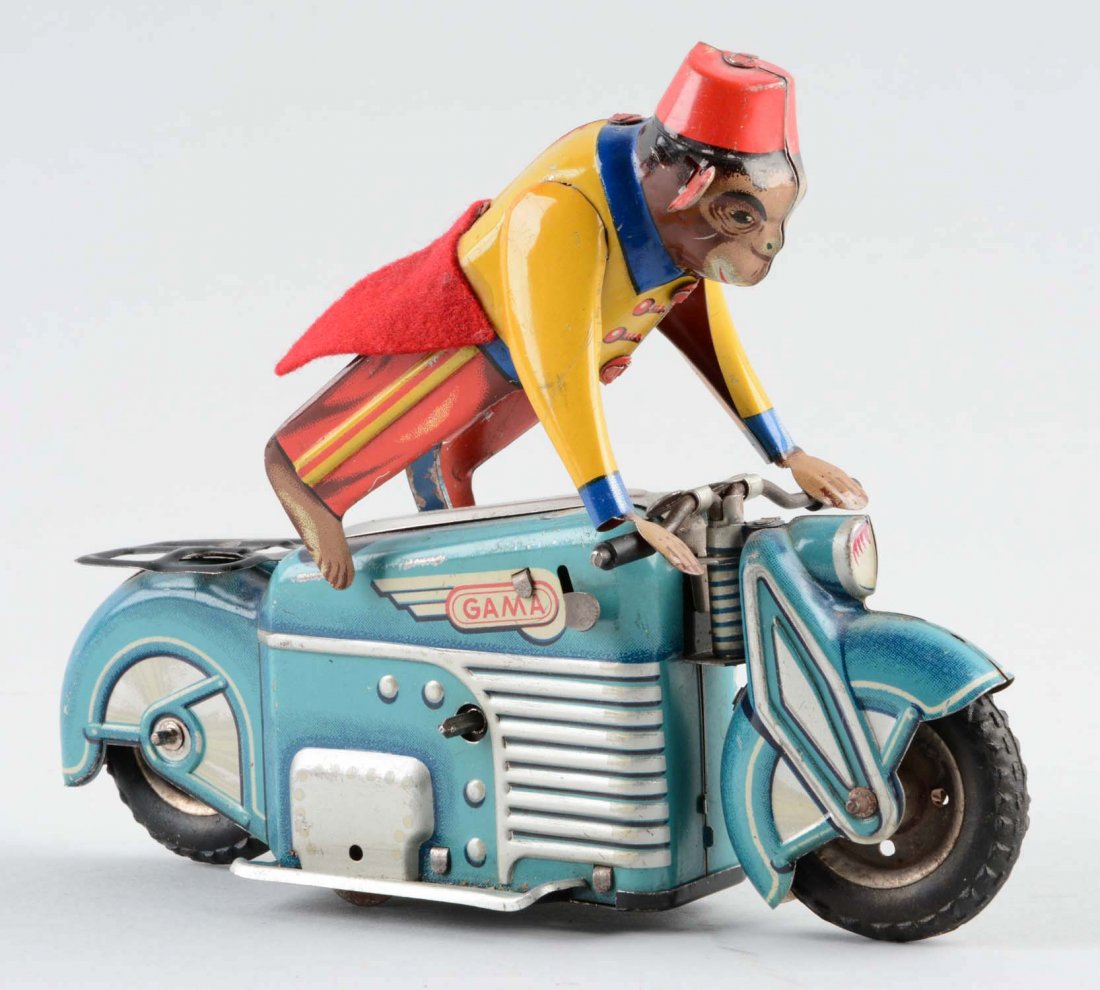 German Gama Tin Litho Wind Up Monkey Motorcycle Toy. (1 of 3)