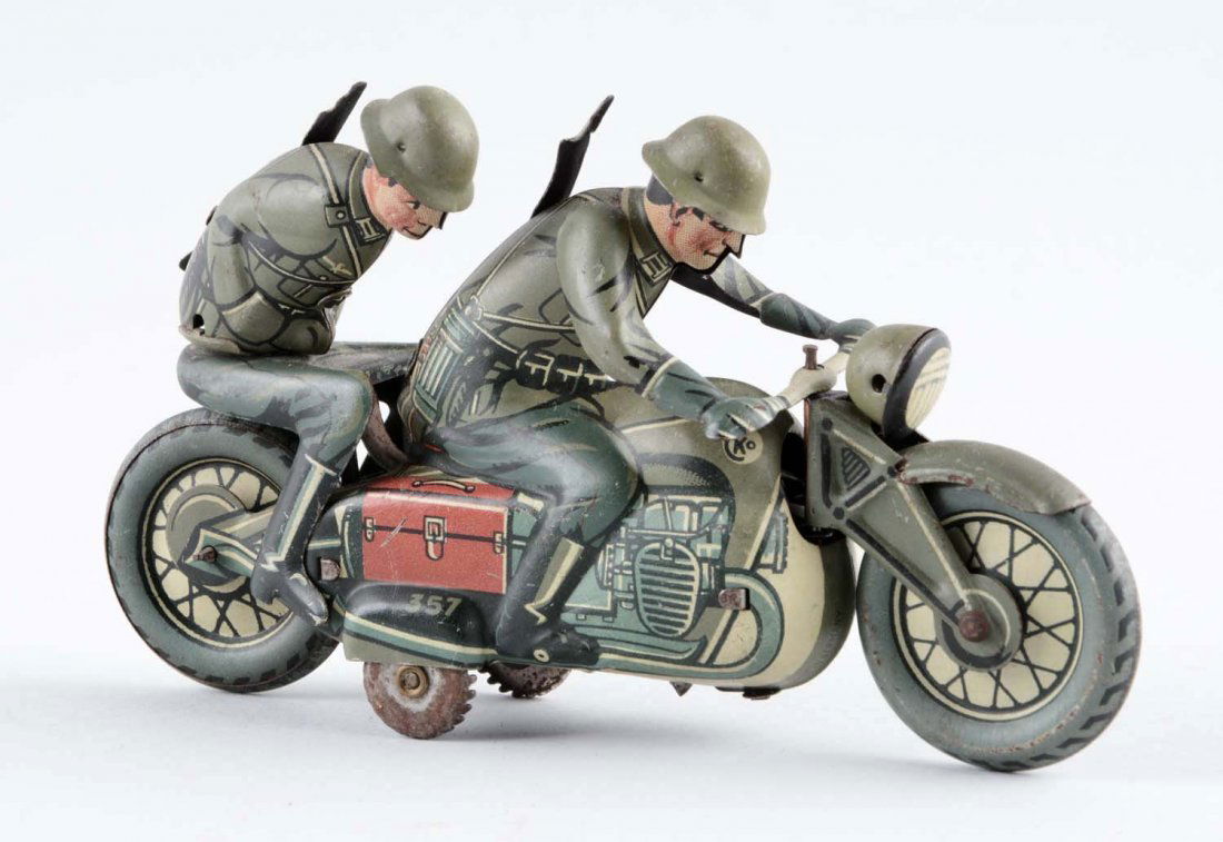 German Tin Litho Wind Up "CKO" Military Motorcycle Toy. (1 of 2)