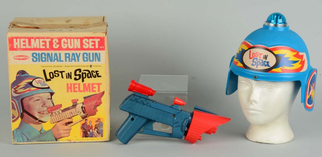 Remco Lost In Space Helmet & Gun Set.: Includes original box with nice graphics of child playing with set. Marked "1966 Remco Industries" and has a depiction of Lost In Space cast members on right corner of box. Box is complete with some c