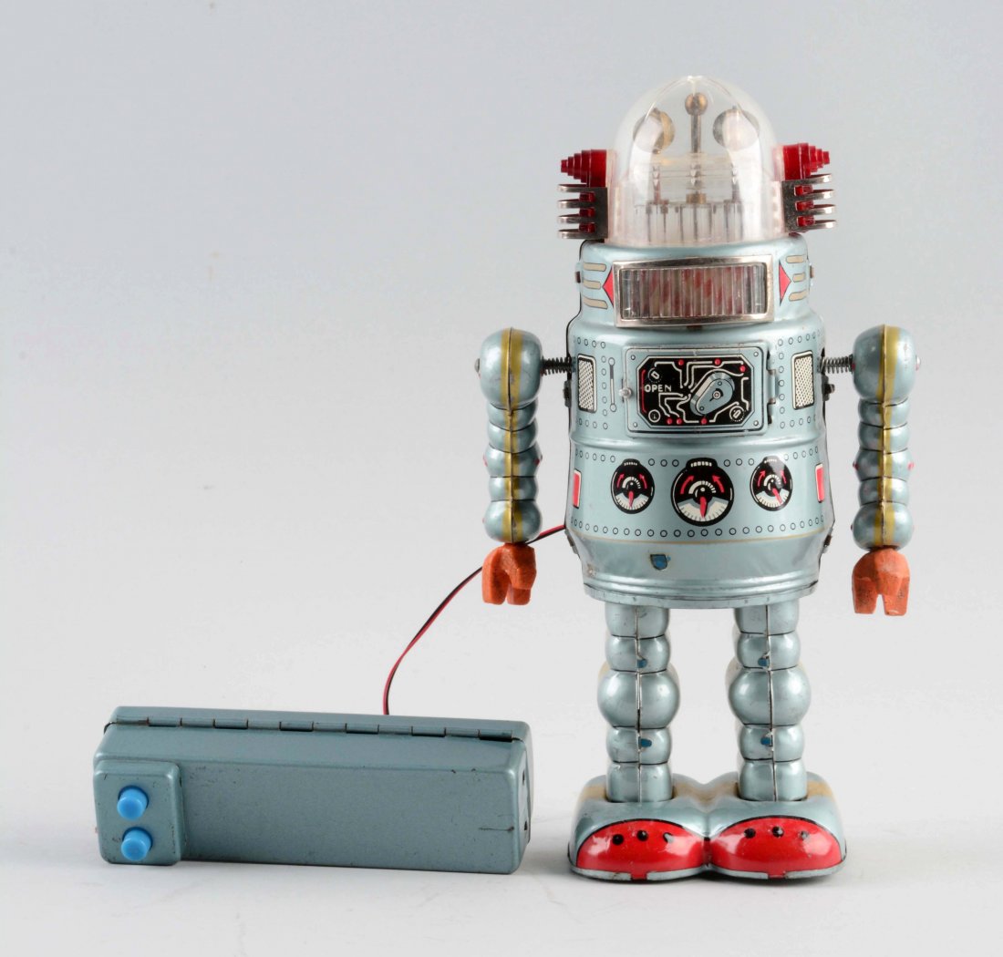 Japanese Tin Litho Battery Operated Remote Door Robot. (1 of 2)