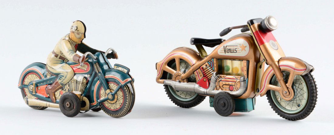Lot Of 2: Japanese Tin Litho Friction Motorcycle Toys. (1 of 2)