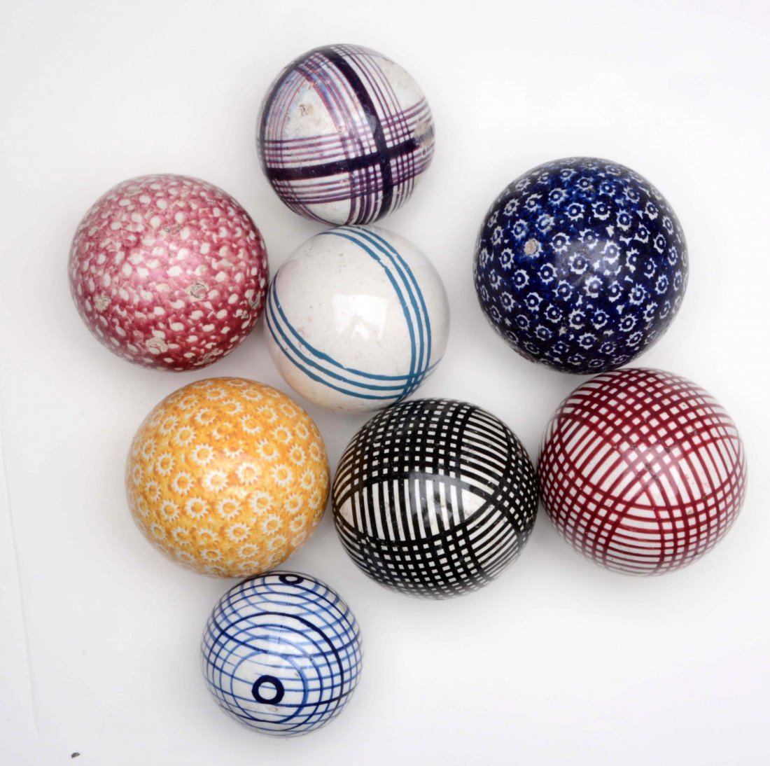 Lot of 9: Carpet Bowls.: Lot includes three crosslined, one St George's cross, one double ringer, one crown design, one crown and circlet design and one colander design. (8.5-9.5). 2-45/64" - 3-21/64" Dia.