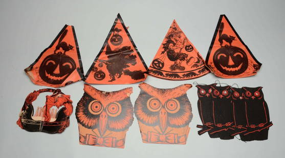 Lot Of Vintage Halloween Paper Decorations.: This includes owl diecuts, German hats, Beistle owl hats, and a Beistle witch stirring cauldron centerpiece. (Very Good - Excellent). Largest: 12'' L.