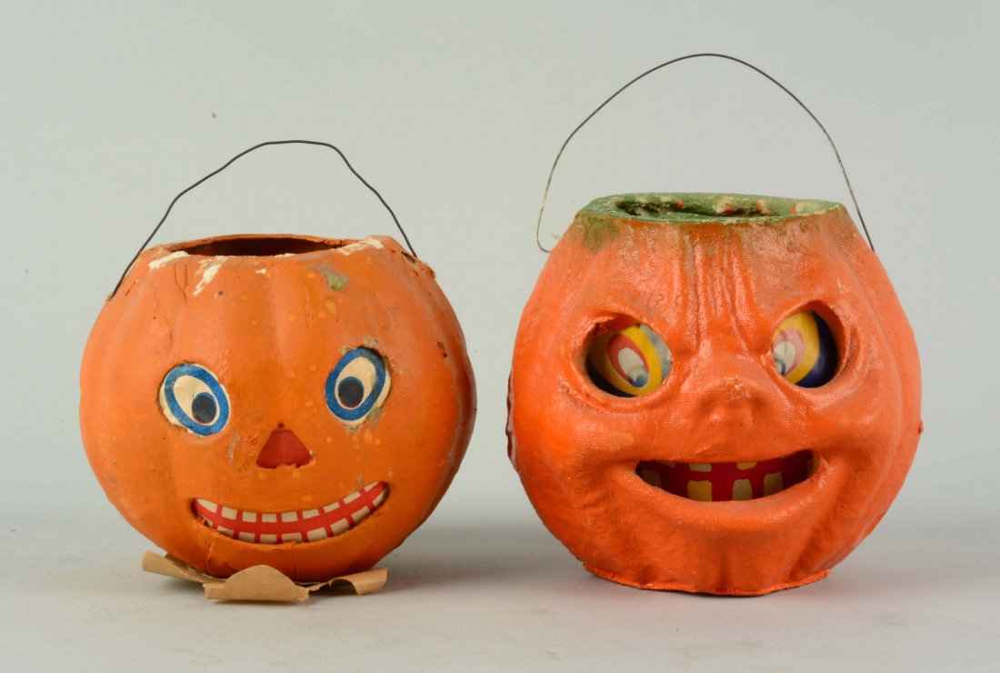 Lot of 2: Vintage Halloween Jack-o-lanterns.: One is pulp, the other is cardboard. Both have original inserts. (Excellent). Largest: 4 - 1/2" T.