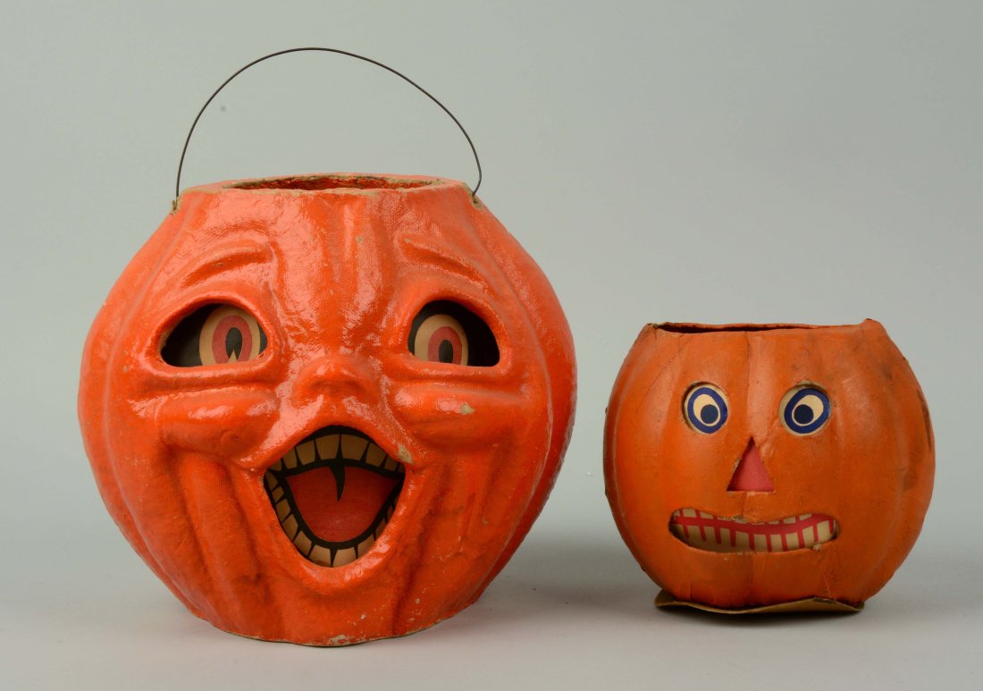 Lot of 2: Vintage Halloween Jack-o-lanterns.: Circa 1930. Large one made of pulp. Both have original paper inserts. (Excellent). Largest: 7 - 1/2" T.
