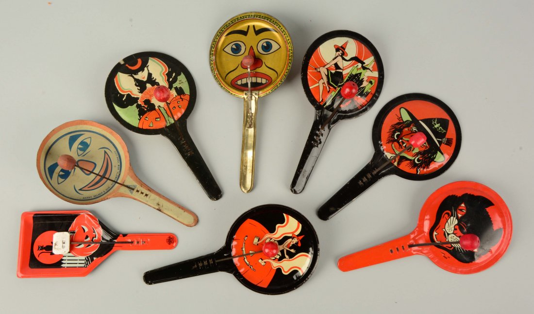 Lot of 8: Vintage Halloween Tin Noise Makers. (1 of 1)