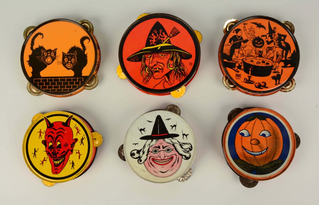Lot of 6: Vintage Halloween Tambourines.: One Chein, one Kirchhof. Mostly made in the USA. Minor wear overall. Largest: 7" Dia.