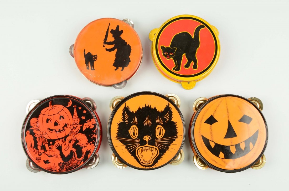 Lot of 5: Vintage Halloween Tambourines.: Three are stamped Chein, one is stamped Kirchhoff and one is not stamped. (Excellent). Largest: 7" Dia.