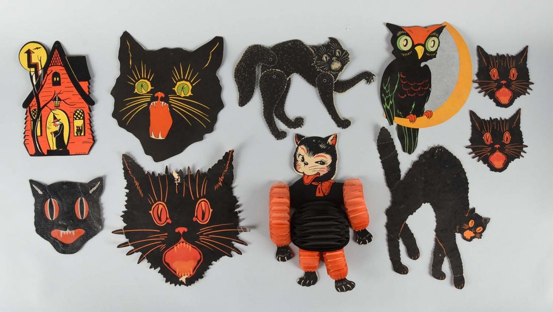 Lot of 10: Cardboard Halloween Diecuts.: Several with creases and minor losses. Largest: 10-1/2'' L.