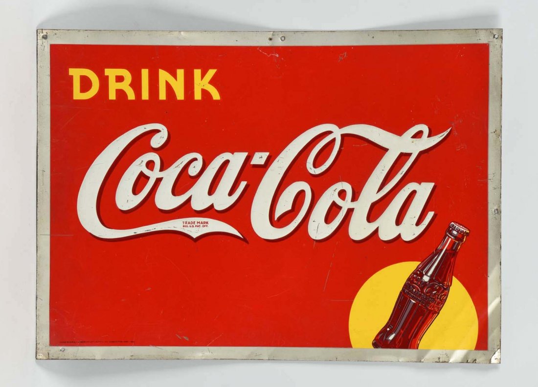 Drink Coca-Cola Advertising Tin Sign.: This lot is of a "Drink Coca-Cola" tin advertising sign. It consists of mostly red, white and yellow coloring. Wear and paint deficient areas are present. Good 27'' L.