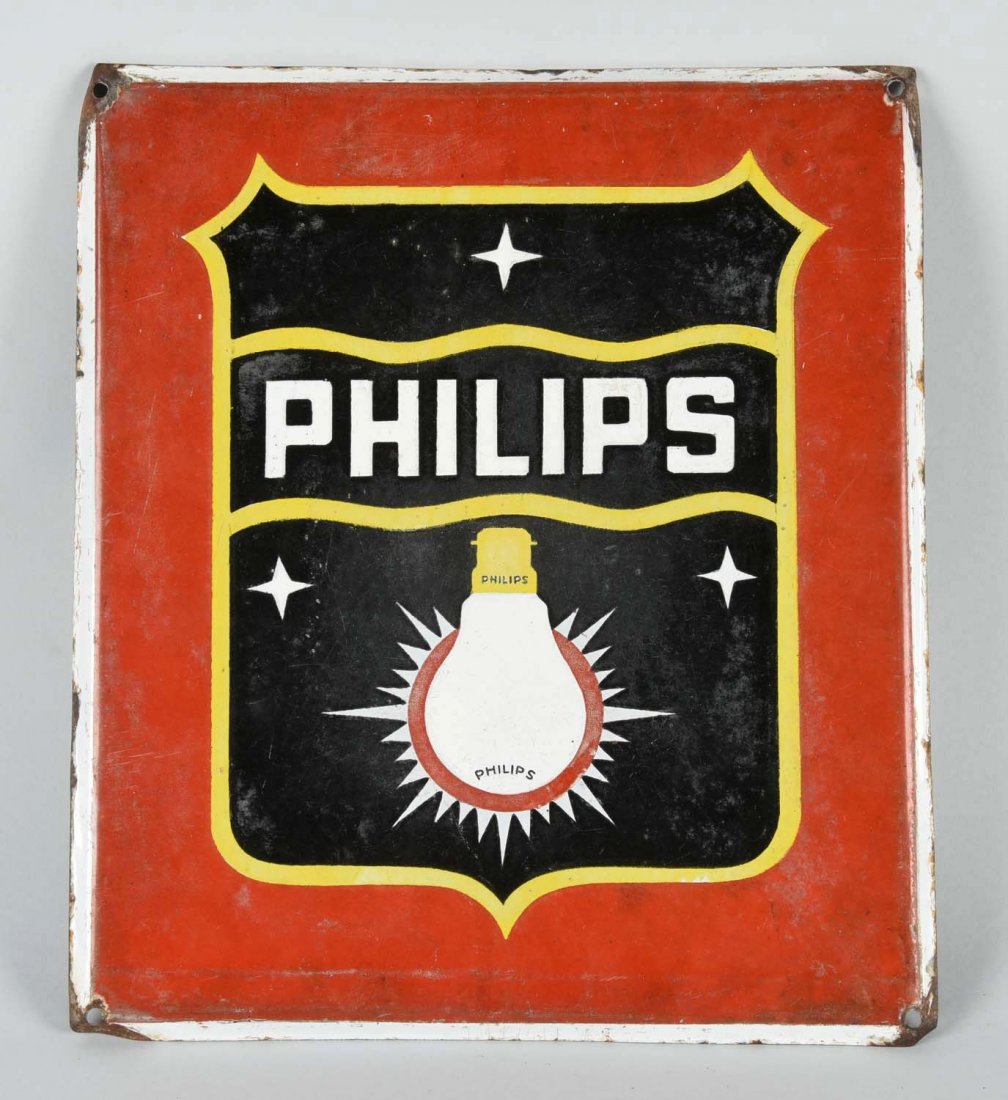 Phillips with Light Bulb Logo Porcelain Sign.: SSP rolled edge sign. Good color and some gloss with wear and fine scratches in the field. (7). 16" x 14".