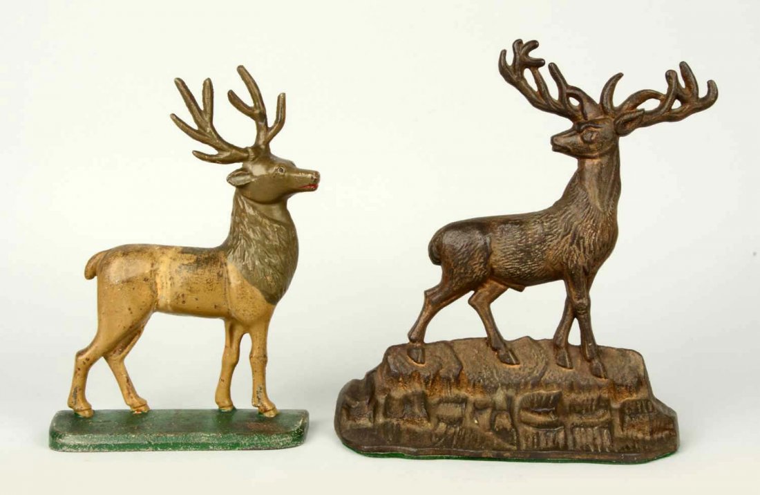 Lot of 2: Cast Iron Assorted Elk Doorstops.: Albany Foundry Company. (Very Good). Largest: 10 - 1/4" T.