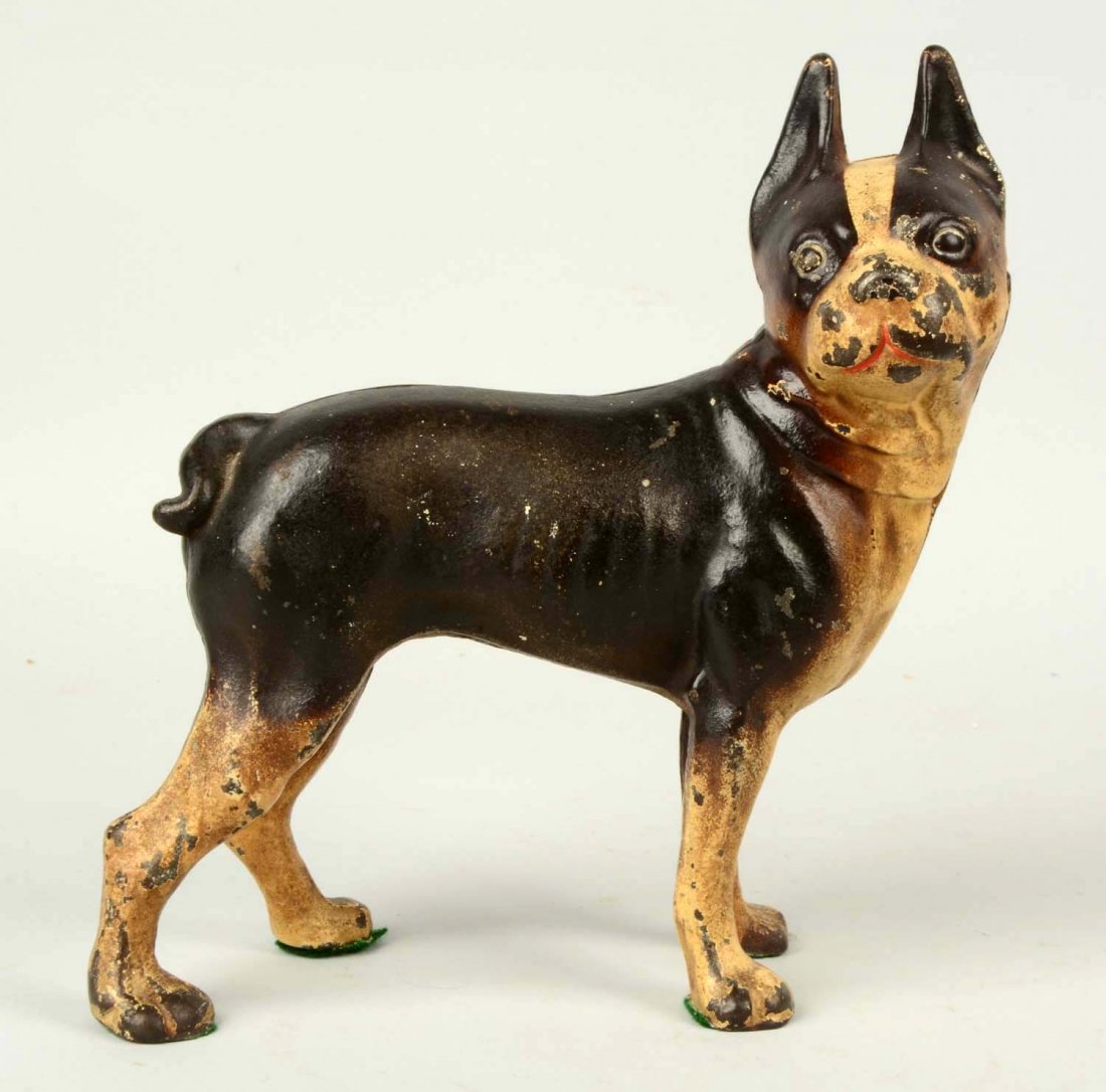 Cast Iron Standing Boston Terrier Dog Doorstop.: Hubley. Full-figure, smaller size variation. (Very Good). 8 - 3/4" T.