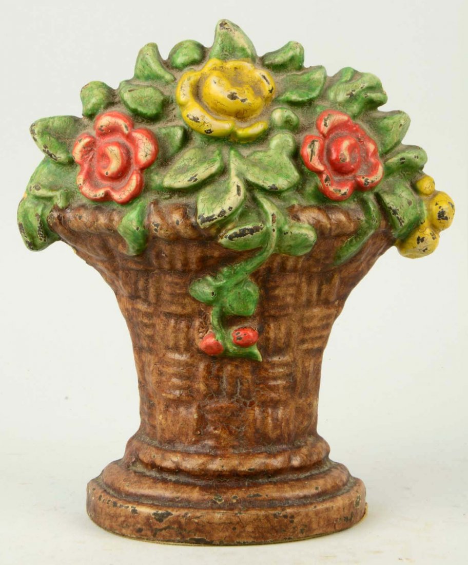 Cast Iron Mixed Flowers in Wicker Basket Doorstop. (1 of 1)