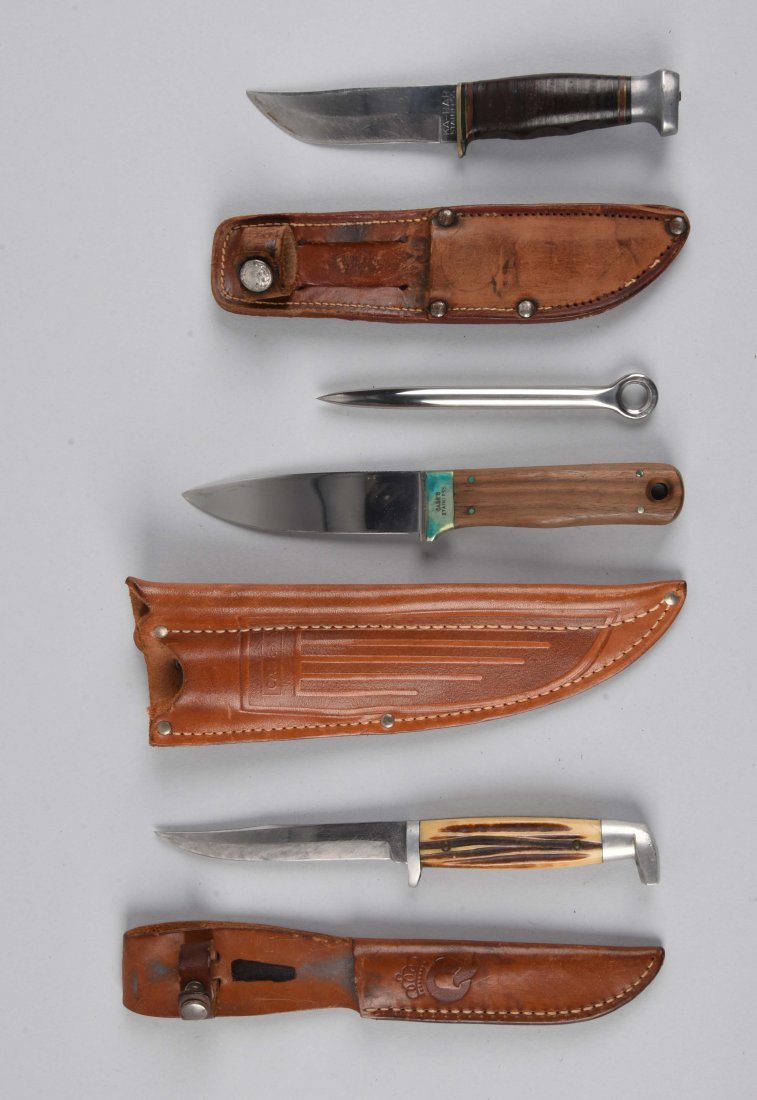 Lot Of 3: American Fixed Blade Knives by KA-BAR, Case &: 1) Queen, 4-1/8" fixed blade, overall length of 7-7/8", aluminum mounts, handled in winter bottom bone, correct sheath, circa 1950's, very good condition. 2) Case Mariners set, complete with Marlin Sp