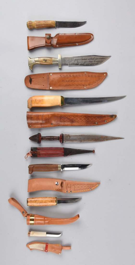 Lot Of 7: Foreign & Domestic Fixed Blade Knives.: 1) J. Marttiini, Finland, fixed blade 8-3/4", overall length of 13-1/2", large wood handled fillet knife in correct leather sheath, contemporary, excellent condition. 2) J. Marttiini, Finland, fixed b