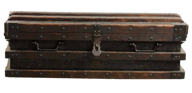 Large Wood & Metal Wells Fargo Chest.: This chest has remnants of a Wells Fargo Co. stencil on the top and cast iron handles on all sides. There is a padlock on the latch. The Wells Fargo stencil is heavily worn and there is moderate oxida