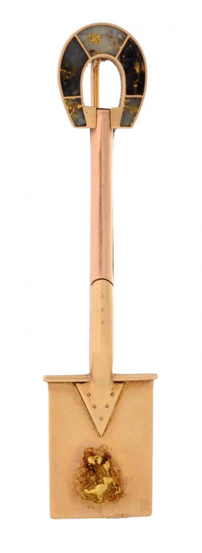 Solid Gold & Gold Quartz Miner's Shovel Pin. (1 of 5)