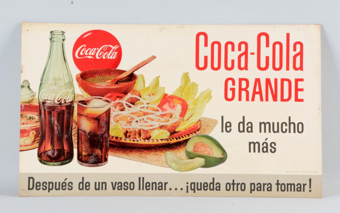 Coca - Cola Cardboard Advertising Sign.: Sign has some added staple marks, damaged corners and slight toning. (Very Good). 27" x 15 - 3/4".
