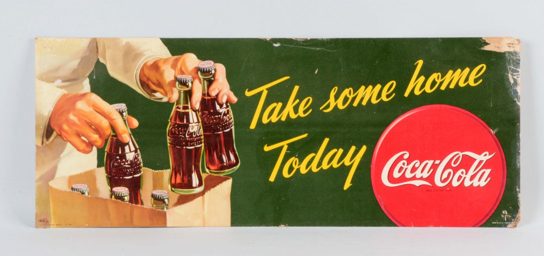 1945 Coca - Cola Cardboard Advertising Sign.: Sign has moderate cardboard loss to the right-hand sign, some sticker residue to the top left corner, as well as some paper peeling. (Good). 28" x 11".