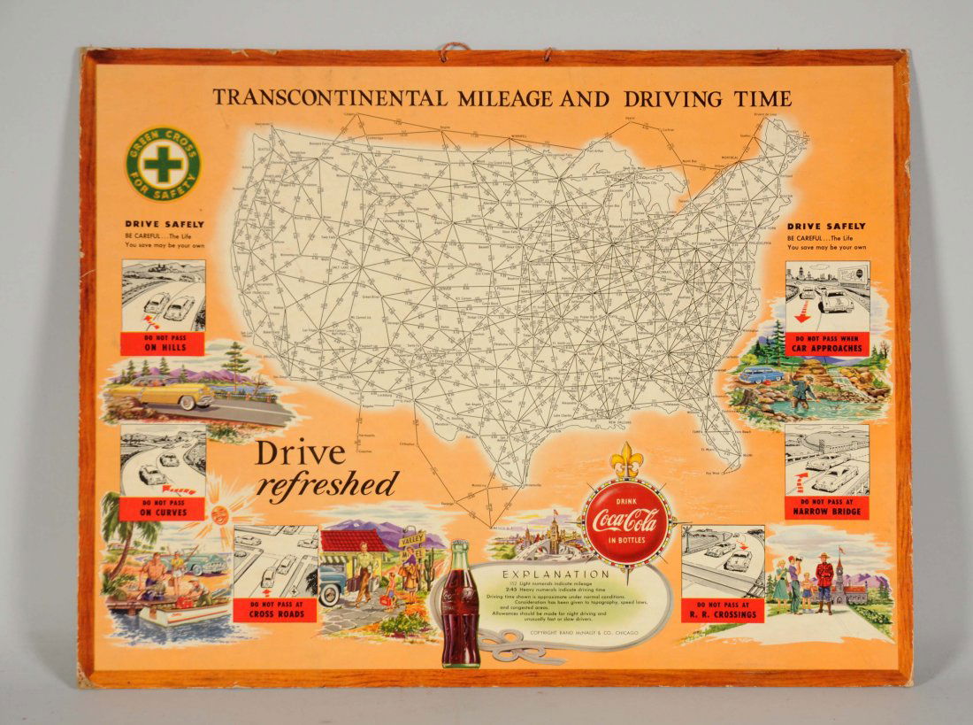 Cardboard Coca-Cola Mileage & Drive Time Sign. (1 of 1)