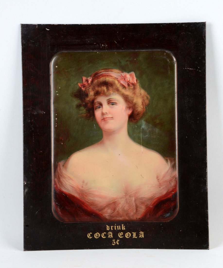 Coca - Cola Tin Over Cardboard Advertising Sign.: On the bottom of the sign says "Drink Coca-Cola 5¢" that is an added print that is not original to the sign. The sign does have a misprinted image on the front; the woman's eyes are printed twice. Mo
