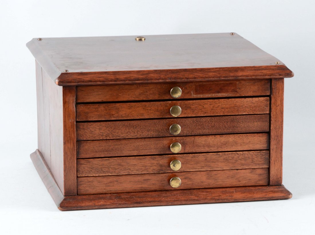 6 Drawer Locking Walnut Dental Cabinet.: Walnut six drawer dental cabinet with locking drawers. Lock works, key is included. (Excellent). 13-1/4" x 12-3/4" x 7 -1/2".